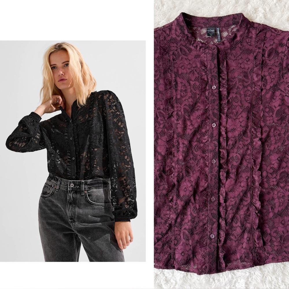 Icône Woman Burgandy Lace Sheer Ruffle Puff Button Front Long Sleeve Top LARGE